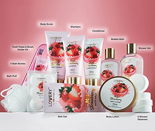Home Spa Kit Birthday Gift Set – Strawberry Milk Bath Set, 25Pcs Shower Gel, Body Lotion, Shower Steamers, Shampoo, Tooth Paste & Brush In A Leather Tote Bag - Luxury Bath & Shower Package For Women #TOP2