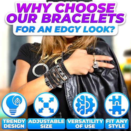 Emo Bracelets - 6 Pcs Black Skull Grunge Bracelets Made of Leather for Men & Women - Punk Goth Grunge Accessories, Adjustable Size 7"-11", Durable, Comfortable Unisex Fit4