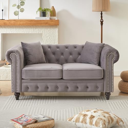 Image of Mid Century Modern Loveseat Sofa, 63.5 inchW Velvet Fabric Button Tufted Small Couch with Nailhead Trim & Roll Armrest, Upholstered Comfy Chesterfield Sofa for Living Room, Office(2 Seater, Light Grey)