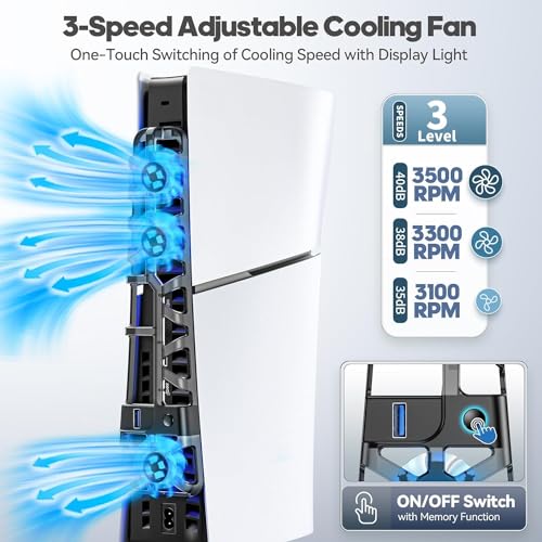 Image of TCOS TECH PS5 Slim Cooling Fan External USB Cooler with LED Light PS5 Console Cooling Fan with Extra USB Port for Sony Playstation 5 Slim Disc & Digital Console