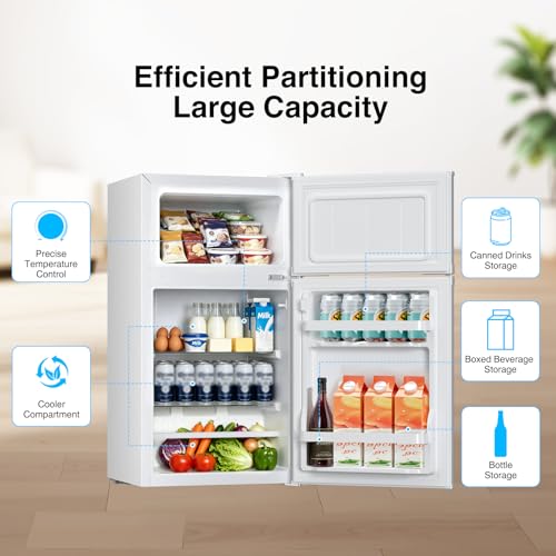 Image of Kismile 2.5 Cu.Ft Mini Fridge with Freezer, Double Door Compact Refrigerator, 3-Level Mechanical Thermostat, Reversible Door&Removable Shelves, Quiet Fridge Ideal for Office, Apartment, Dorm, White