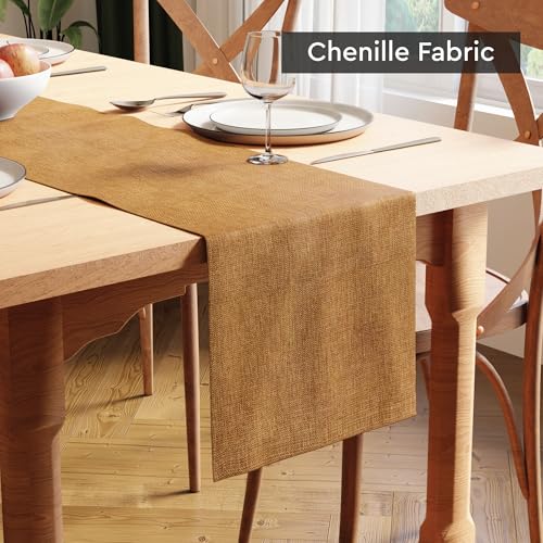 Image of Encasa XO Dining Table Runner for 4 to 6 Seater | 32x240 cm | Mustard | Chenille Fabric | Machine Washable
