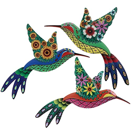 Decoración de pared colgante de 3 piezas de metal colibrí decoraciones de arte de pared de hierro esculturas de pájaros coloridos adornos de pájaros inspiradores signos de animales para jardín patio
