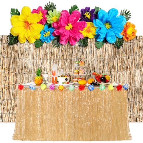 Canlierr 23 Pcs Hawaiian Luau Beach Party Decoration Set, Include Grass Table Skirt Paper Flowers Backdrop 71 x 43 Inch Hawaiian Backdrop 3D Hibiscus Palm Leaves for Aloha Luau Party Supplies