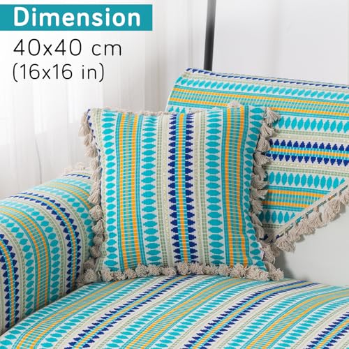 Image of HOKIPO 'Artisan Boho Series' 450 GSM Cushion Cover with Tassels | Cotton Acrylic Jacquard | 16x16 Inch (40x40 cm) | Pack of 2, Aqua Blue (IN-905-A4*2)