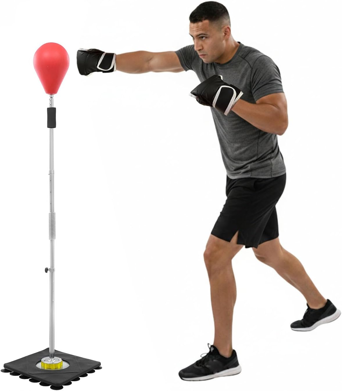 Freestanding Speed Bag for Adults & Kids, Adjustable Height 54-63in Boxing Stand with 32 Suction Cups Base, 220lbs Load Capacity, Includes Boxing Gloves - Punching Bag for Home Gym Training, Red