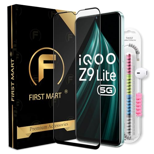 Image of FIRST MART Tempered Glass for iQOO Z9 Lite, 9H 0.3 mm Full-Glue Screen Protector with Cable Protector, 3D Edge-to-Edge, HD Clear, Case-Friendly, Black, Pack of 1