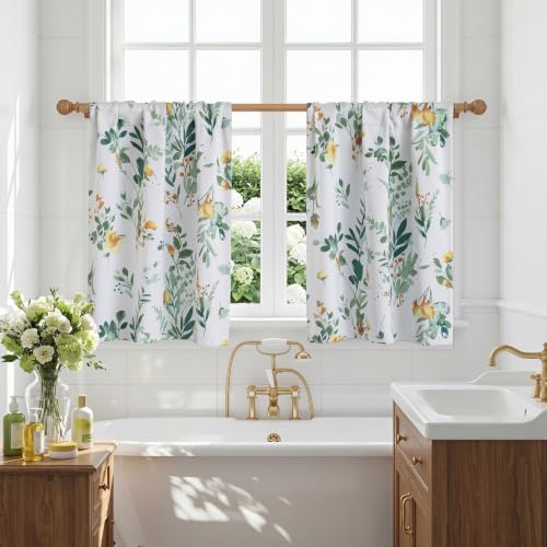Image of MYSKY HOME Floral Kitchen Tier Cafe Curtains 36 Inch Length 2 Panels Privacy Small Window Treatments Rod Pocket for Bathroom Basement, Yellow and Green, 30 inch Wide Each Panel
