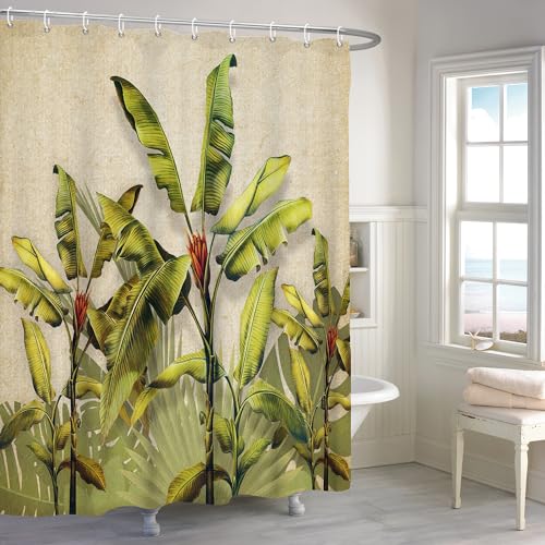 ASDCXZ Shower Curtain 180x200 cm, Vintage Tropical Green Banana and Palm Leaves Bath Curtain - Image 3