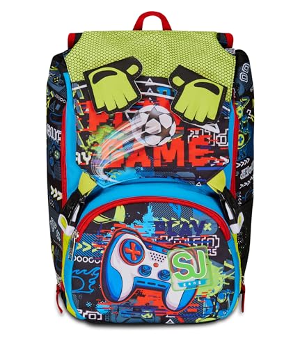 SJ GANG STYLE JAM GANG Zaino Scuola Estensibile, Nero Rosso, FunnyGoal, Zaino Doppio Scomparto Estensibile Tramite Zip...