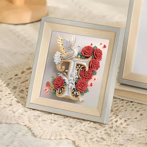 Image of AiYuanzsh 5D DIY Diamond Art Kits for Adults Letter T, Timeless Rose & Dove Floral Special Shape Diamond Painting Kit, Alphabet Diamond Art for Home Decoration and Valentine's Day Gift Idea 17x17cm
