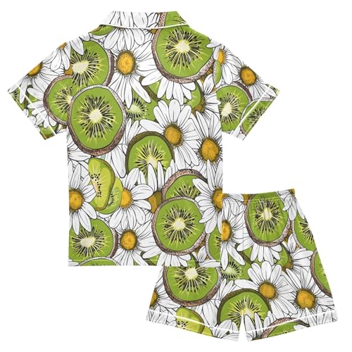 ALAZA Kiwi Fruit Daisy Flower Pajamas Satin Pajama Set Short Sleeve Button Down Sleepwear2