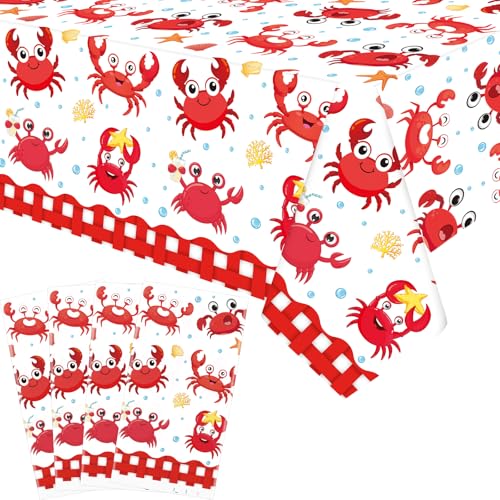 Obussgar 4 Pack Crab Party Tablecloth Supplies, Crab Rectangle Plastic Tablecloth for Rectangle Tables Crab Birthday Party Supplies Favors 51'' X 86''