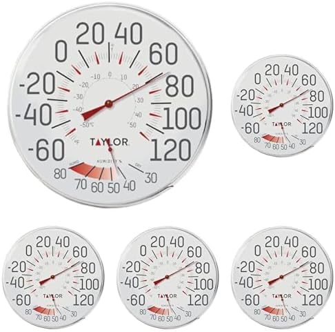 Taylor Metal Wall Indoor Outdoor Thermometer and Hygrometer, Easy to Read Numbers for Patio, Pool, and Indoor Areas, 12 inch, White (Pack of 5)