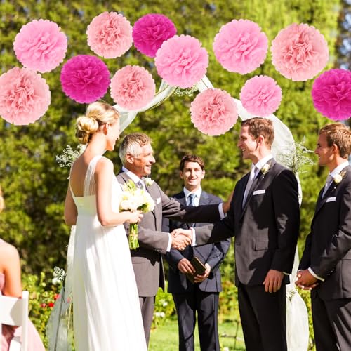 Image of BestoFun 16Pcs Party Decorations - Hot Pink Pom Poms, Paper Flowers for Wedding, Birthday, Engagement Receptions & Bridal Shower