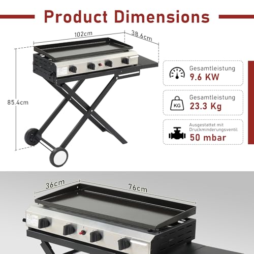 LEADZM gasgrill 4 brenner, Klappbares Design - Der Klapprahmen ist abnehmbar, 9,6 KW, Ausgestattet mit einem Druckminderungsventil - leicht zu verstauen