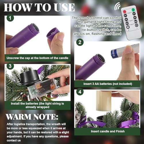 Suncalla 1 Set Advent Wreath with 5 Flameless Candle (Pink Purple White) and Timer Remote Control, 1 Advent Wreath Candle Holder, 1 LED Strings for Holiday Party Decor(Upgrade Size,20 Inch) by Suncalla - Image 6