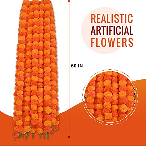 Image of DIYANA IMPEX Marigold Garland for Decoration 5 Pcs of 5 feet Long Strands Artificial Marigold Flowers, Indian Decor for Pooja, Wedding Christmas, Party Events Decorations (Mango + Orange)