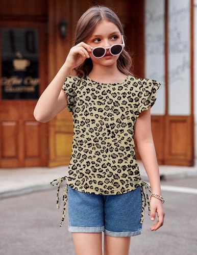 Image of Arshiner Girls T Shirts Ruffle Short Sleeve Ruched Knot Side Tunic Blouse Summer Tee Tops