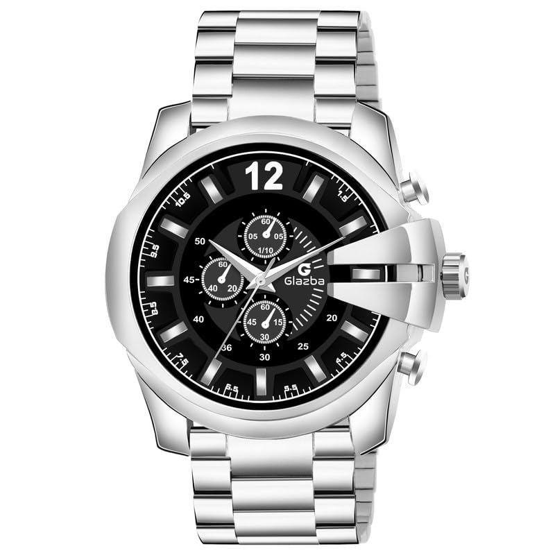 Glazba Mens Stainless Steel Chain Strap Black Dial Analog Wrist Watch for Boys with Date and Day Aperture Functioning (Silver) (B0CW631PGL) Amazon Price History, Amazon Price Tracker