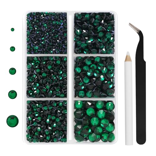 Hotfix Rhinestones 3960pcs Green Rhinestone for Clothes Hot Fix Crystals Rhinestones with Tweezers and Wax Pencil Kit Mixed 5 Sizes SS6-SS30 Emerald