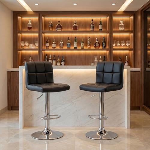 Image of Decor & More - Modern Height Adjustable Bar Chairs for Home | 360 Degree Swivel Seat Top | Bar Chair for Home Kitchen with Footrest | Set of 2 (Metal) - Black