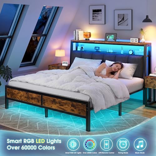 Image of Homkdom Queen Bed Frame with Charging Station and 12 inch Under-Bed Storage | Charging Station,LED Linghts,Upholstered Storage Headboard,Noise-Free,No-Sliding,Support,Vintage Brown