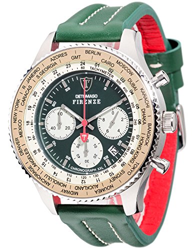 DETOMASO Men's Quartz Stainless Steel and Leather Strap Watch, Color Green (Model: DT1045-B)