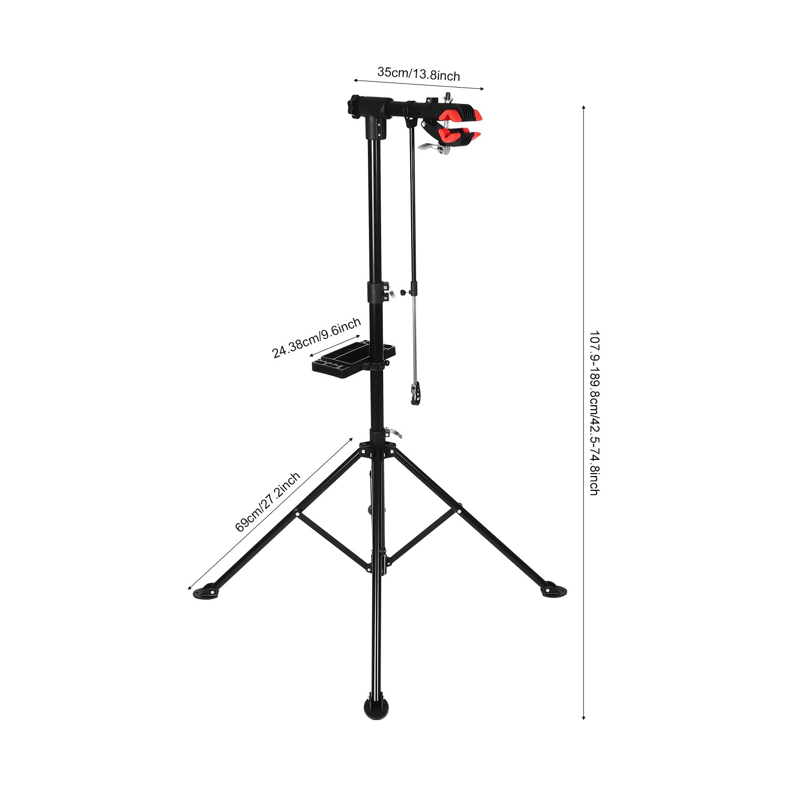 Supporto riparazione bicicletta, piedino da officina bicicletta, supporto riparazione bicicletta, montaggio bici regolabile altezza 107-189 cm rotazione 360°, vassoio attrezzi, carico 30 kg