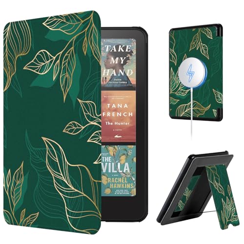 Image of CoBak Lightweight Stand Case for 7 inch 12th Gen 2024 and Colorsoft with Right Hand Strap - Compatible with iPhone MagSafe, for Samsung /Belkin /Anker Wireless Charging Pads,Green Pattern