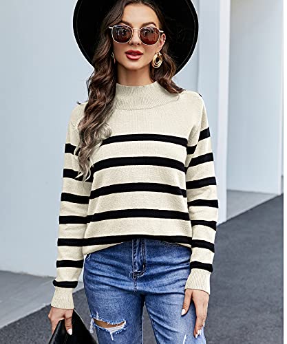Liofoer Womens High Neck Striped Stitching Pullover Autumn Winter Long Sleeve Sweater White #TOP1