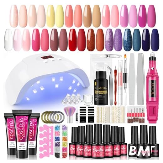 COSCELIA Juego de uñas de gel, 15 colores, set de iniciación con lámpara LED U V de 36 W, extensión de uñas de gel de poli uñas con lima de uñas eléctrica, set completo de manicura para regalo para