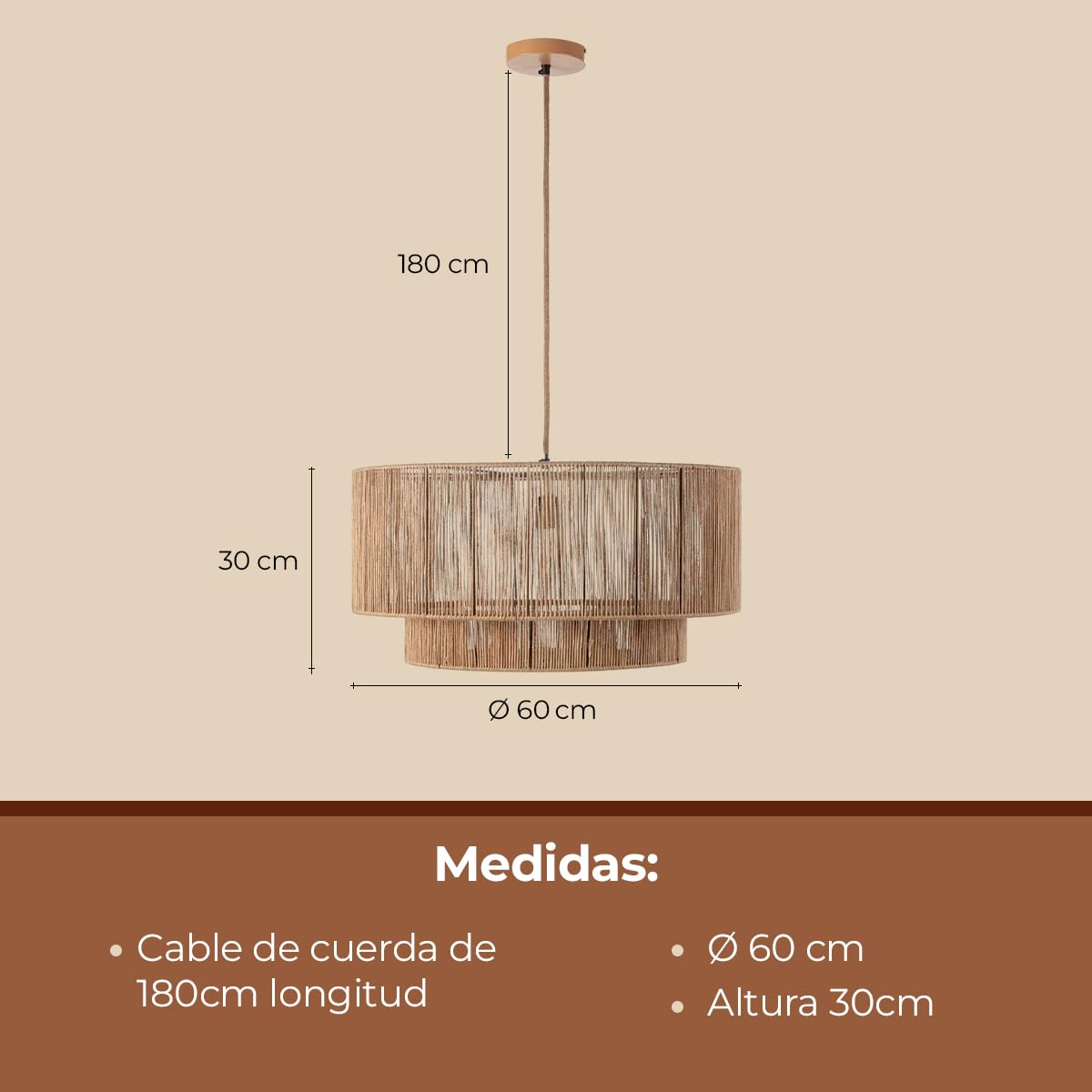 Els Banys - Lámpara de Techo Modelo Boston - Estructura Metálica y Acabado en Cuerda Natural Marrón – Ø60cm x 30cm – Cable de 180 cm – Casquillo E27 – Estilo Natural y Acogedor