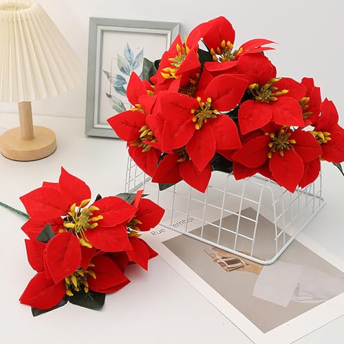 Lakymisy クリスマス飾り ポインセチア 造花 3本セット フェイクフラワー クリスマス造花 赤い花 クリスマスリース DIY クリスマスツリー装飾 玄関 店舗 部屋飾り 新年祝い パーティー飾り