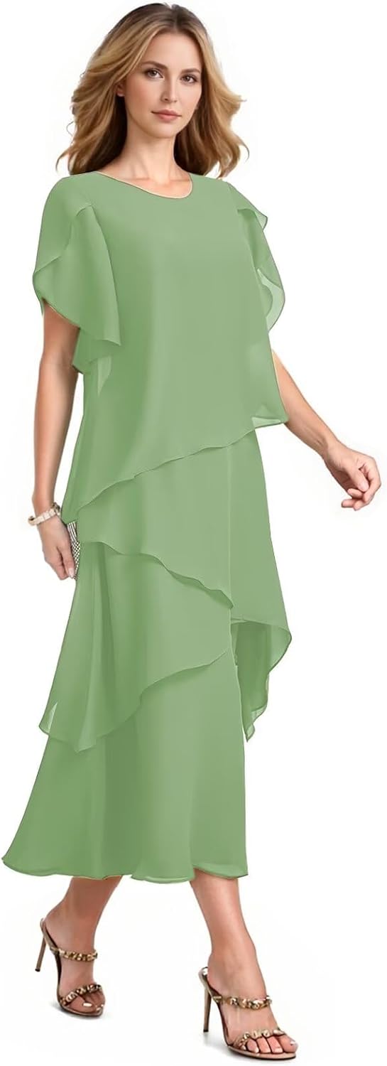 Tiered Chiffon Mother of The Bride Dresses for Women Tea Length Ruffle Formal Wedding Guest Dress with Short Sleeves HX052