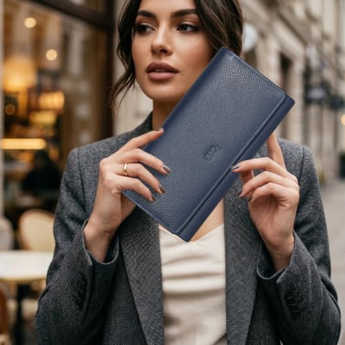 Image of Women's Top Grain Leather Wallet, RFID Blocking Bifold clutch, 17 Card Slots, Zip Pocket Organizer, Elegant Gift for Women - Birthday, Valentine, Anniversary - NAVY