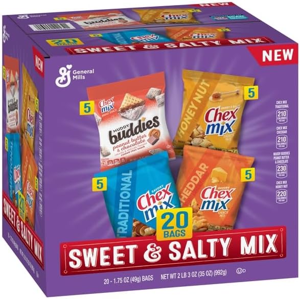 Sweet and Salty Snack Variety Pack, Muddy Buddies Peanut Butter and Chocolate, Chex Mix Traditional, Cheddar, and Honey Nut, 20 Ct, 35 oz
