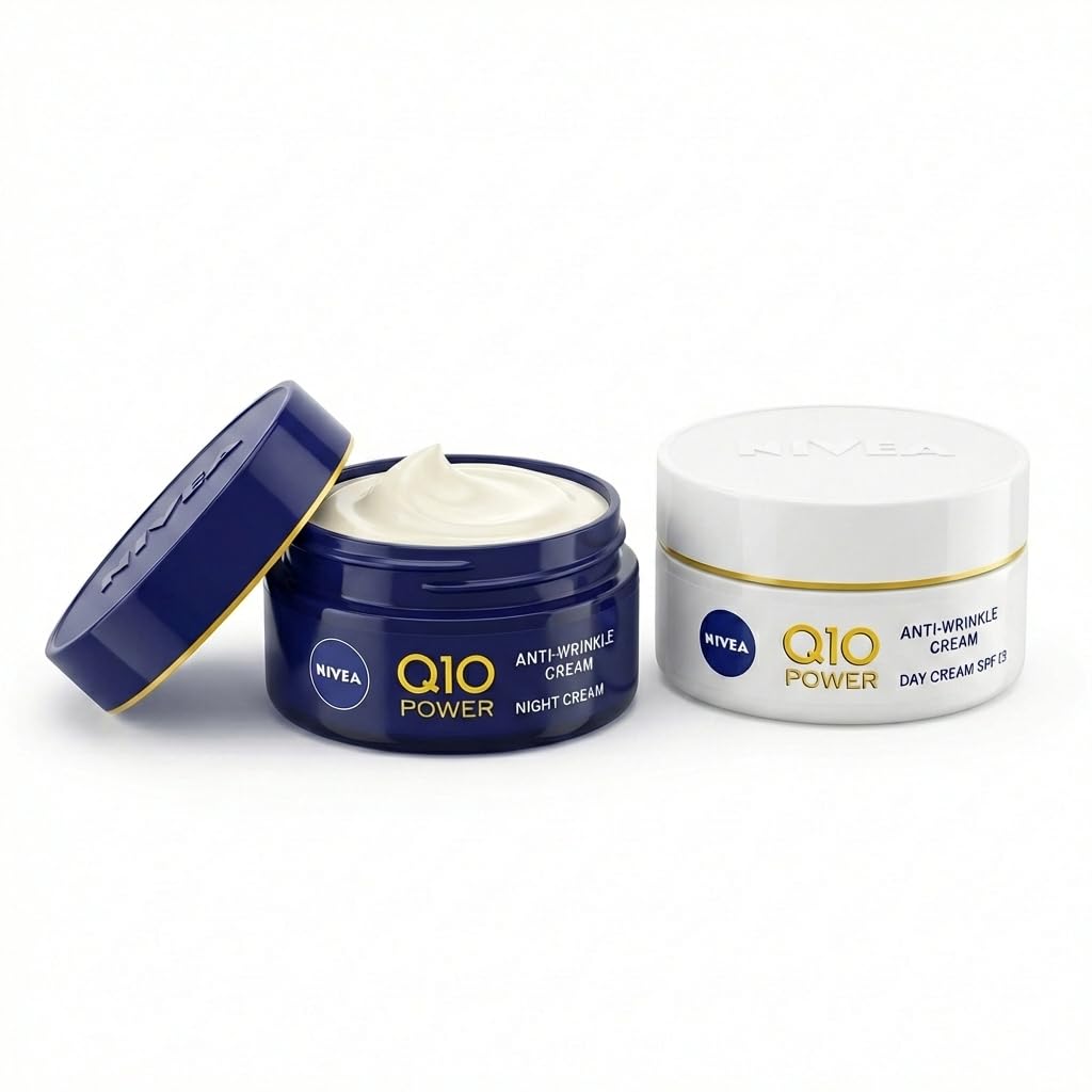 NIVEA Q10 Power Anti Wrinkle, Day and Night Cream Set - Face Moisturizer with SPF 15, Skin Firming Cream for Women, Anti Aging Face Cream with Coenzyme Q10 and Creatine, 2 x 50ml