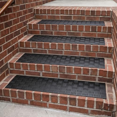 Ottomanson Outdoor Rubber Stair Treads – Ribbed Heavy-Duty Non-Slip Stair Mats – Best Grip on Concrete, Brick & Textured Step – Fastening Recommended for Wooden & RV Steps, Pack of 5