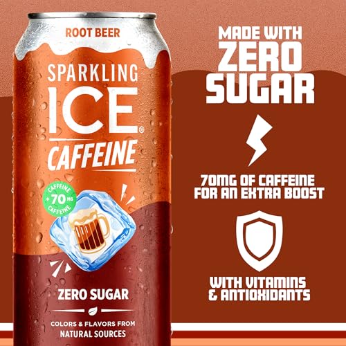 Image of Sparkling Ice Caffeine Soda Shoppe Root Beer Perfectly Caffeinated Sparkling Water with 70mg Caffeine, Zero Sugar, with Antioxidants and Vitamins, 16 fl oz Cans (Pack Of 12)