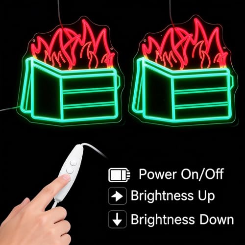 Image of Dumpster Fire Neon Sign, Red Flames & Green Dumpster, 12.8 inchx13.1 inch | LED Wall Art, Dimmable with 3-Button Controller, Includes Hooks, Chain & Wall Anchors, Sarcastic Gift for Women