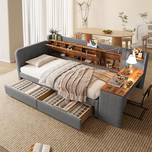 Wyibwy Divano letto imbottito 90x200cm con USB +Type C,letto da giorno con scrivania e 2 cassetti,divano letto daybed singolo con vano portaoggetti con apertura a ribalta,lino,senza materasso,grigio