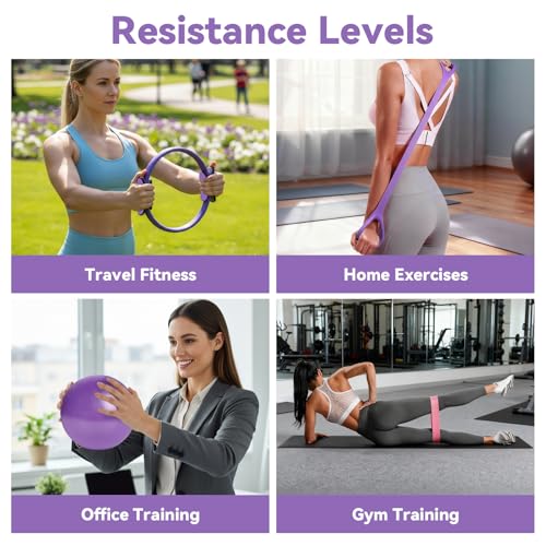 Pilates Ring Set,Pilates Essential Kit,14“/35cm Magic Circle with Dual Padded Handles,5 Resistance Bands,Yoga Ring,Mini Ball,Pilates-Set für Zuhause,für Body Toning,Flexibility,Strength,Stability
