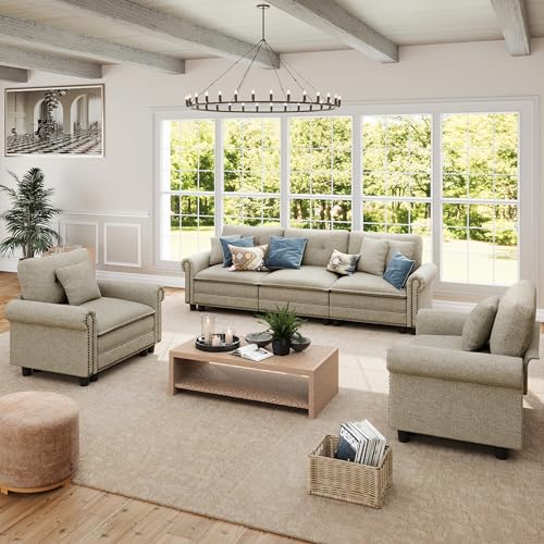 Image of SUNSHINE VALLEY 3-Piece 5-Seater Cloud Modular Sofa Set with Extra Deep & Wider Cushions, Oversized Mid-Century Modern Couch Set with Armchair and Throw Pillows for Living Room, Linen Light Grey