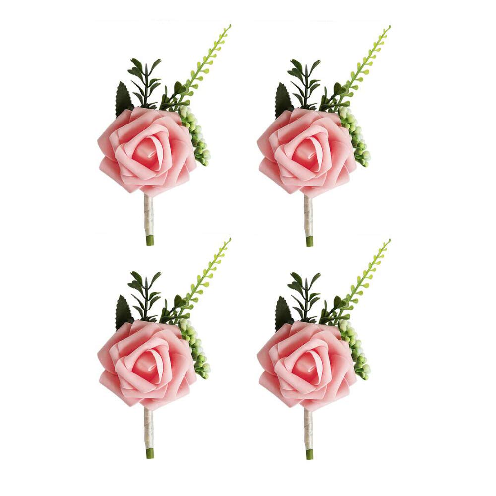 VOANZO 4 Uds Boda Boutonniere Artificial PE Rosas ramilletes de Flores para Novia Novio Padrino Chica Ramo Broche 15x8x5cm (Rosa)