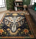 Ouyattle Washable Mystical Luna Moth Rugs Ultra Thin, Boho Moody Black Floral Aesthetic Living Room Rugs Vintage Hippie Celestial Aesthetic Bedroom Rug, Retro 8x10 Area Rug for Dining Room Dorm