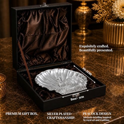 Image of Diviniti German Silver Peacock Decorative Bowl for Home Decor | Luxury Silver Plated Dry Fruit & Sweet Serving Platter | Elegant Peacock Tray with Gift Box for Festive Dining & Gifting