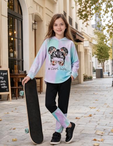 Image of Girls 2 Pcs Fall Winter Tie Dye & Leggings Outfits For Teens 5-14 | 2026 Girls Fashion Trendy, Long Sleeve Hoodie, Cool Life Print, Patchwork Pants, Back to School Holiday Tracksuit