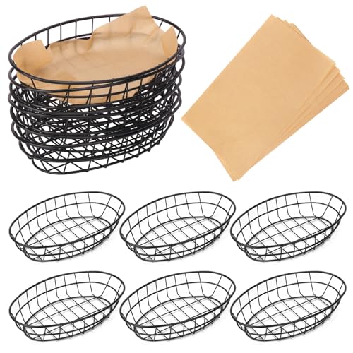 Geytetqi 12 Pack Wire Bread Basket with 50 Sheets Deli Wrappers Paper, 9.65 x 6.1 x 2.17 Inch Metal Oval Bread Basket for Food & Fruit Serving – Durable Black Wire Baskets for Home & Kitchen
