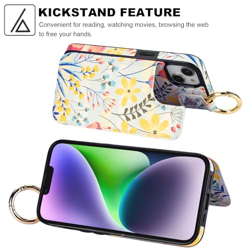 Image of HAOPINSH for iPhone 13 iPhone 14 Wallet Case with Card Holder, Floral Flower Print Back Flip Folio PU Leather Kickstand Card Slots Case, Finger Grip Ring Double Magnetic Clasp Shockproof 6.1 inch